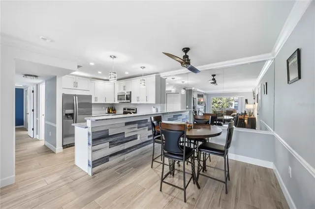 a view of a dining room with furniture
