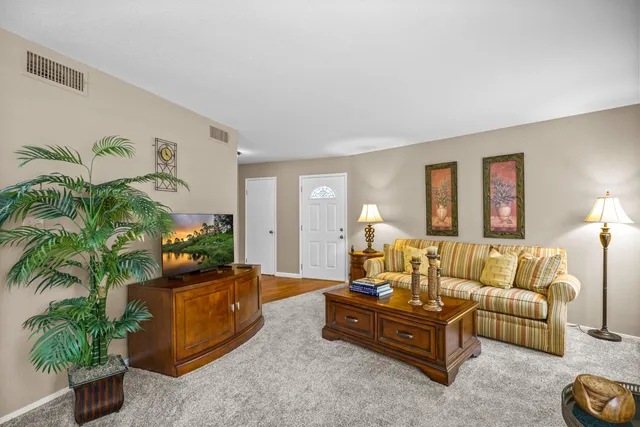 a living room with furniture potted plant and a window