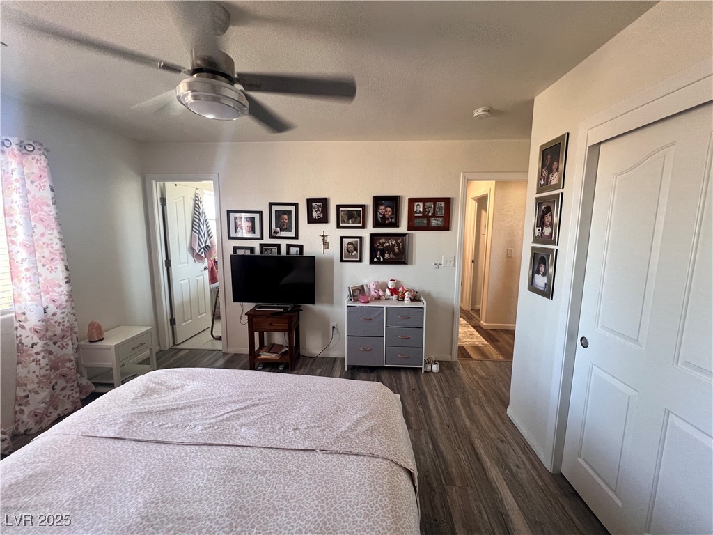 2970 Rio Rico Drive Pahrump, NV 89048 - Photo 29 of 53 Bedroom featuring dark wood-style floors, a ceiling fan, and a closet