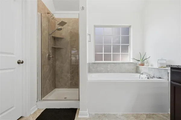 a bathroom with a bathtub and a shower