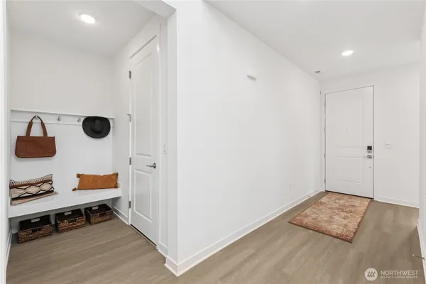 a view of workspace with wooden floor
