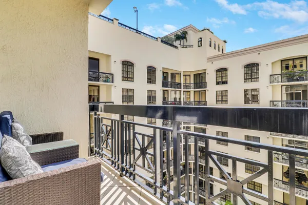 a view of a building from a patio