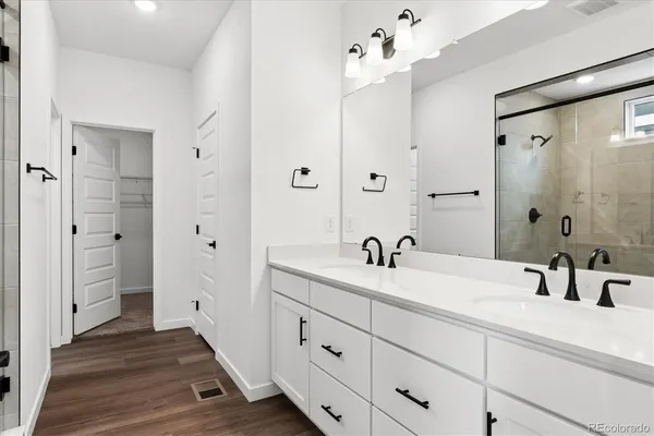 a bathroom with a sink a mirror and a shower