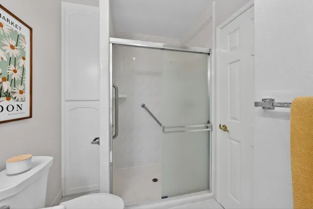 a bathroom with a shower and toilet