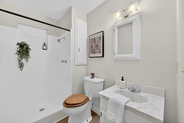a bathroom with a sink toilet and mirror