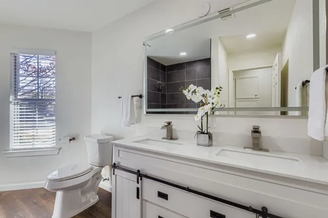 a bathroom with a sink a toilet and a mirror