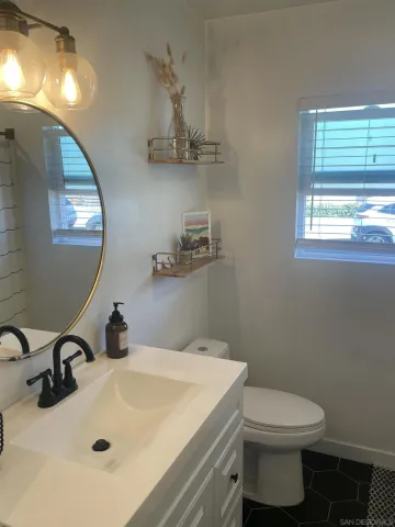 a bathroom with a sink a toilet and mirror