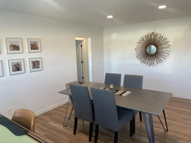 a view of a dining room with furniture