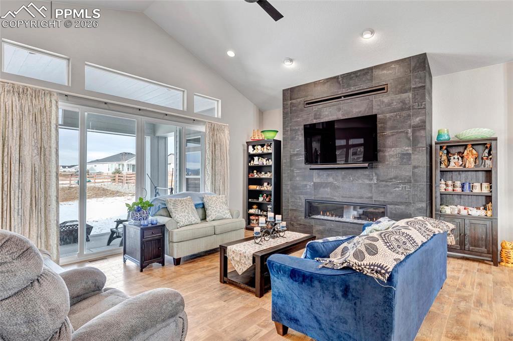 2402 Parma Court Colorado Springs, CO 80921 - Photo 8 of 45 a living room with fireplace furniture and a flat screen tv