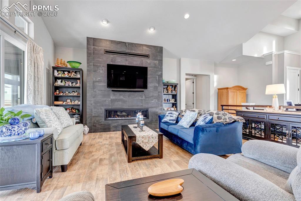 2402 Parma Court Colorado Springs, CO 80921 - Photo 9 of 45 a living room with fireplace furniture and a flat screen tv