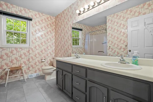 a bathroom with a double vanity sink a toilet and a mirror