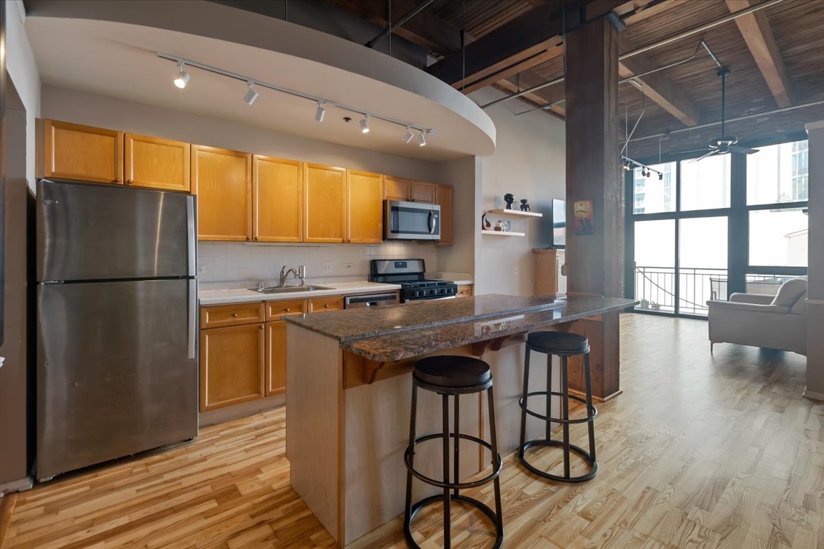 1632 South Indiana Avenue, Unit 403 Chicago, IL 60616 - Photo 7 of 23 a kitchen with stainless steel appliances granite countertop a refrigerator a sink dishwasher a stove and a refrigerator with wooden floor