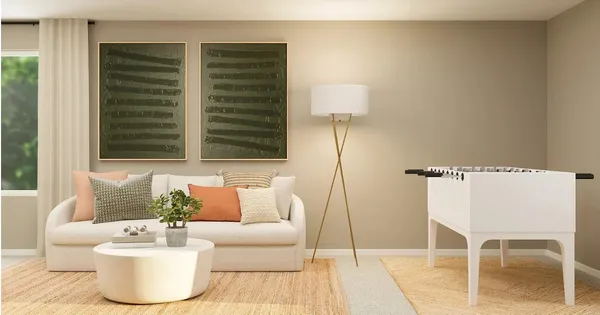 a living room with a couch and a table