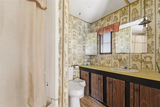 a bathroom with a sink a toilet and shower curtain
