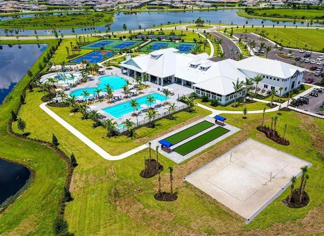 a view of a swimming pool with a yard