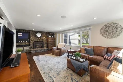 a living room with fireplace furniture and a flat screen tv