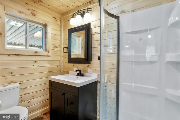 a bathroom with a sink a toilet and mirror