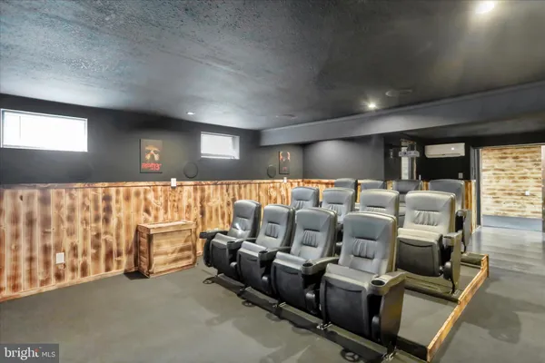 a media room with lots of chairs and a projector screen