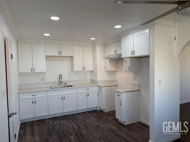 a kitchen with white cabinets sink and refrigerator