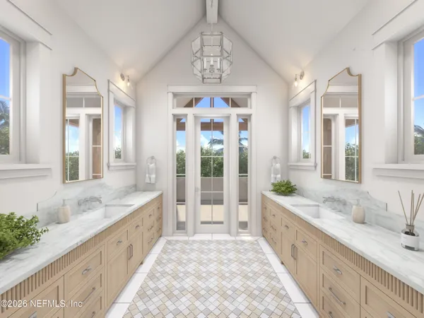a spacious bathroom with a granite countertop tub sink and mirror