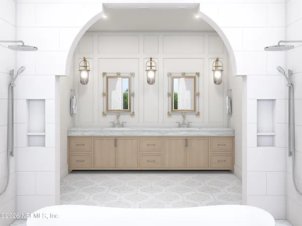 a bathroom with a granite countertop sink a mirror and shower