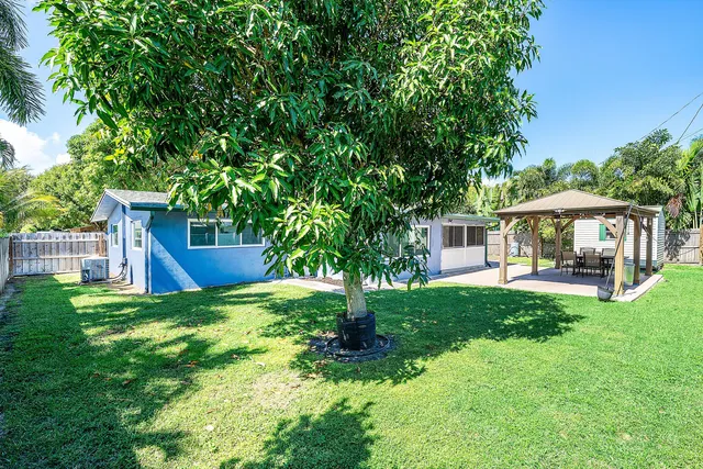 a view of a house with backyard and a tree
