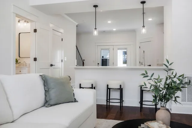 a living room with furniture and a potted plant