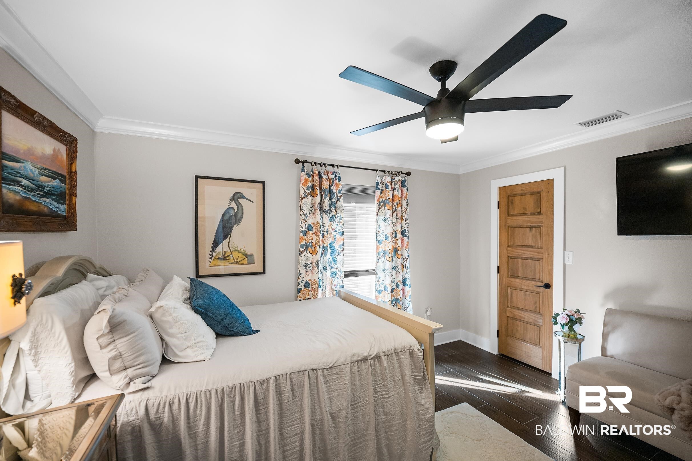 8490 Bay View Drive Foley, AL 36535 - Photo 32 of 67 Bedroom with wood finish floors, ornamental molding, and a ceiling fan