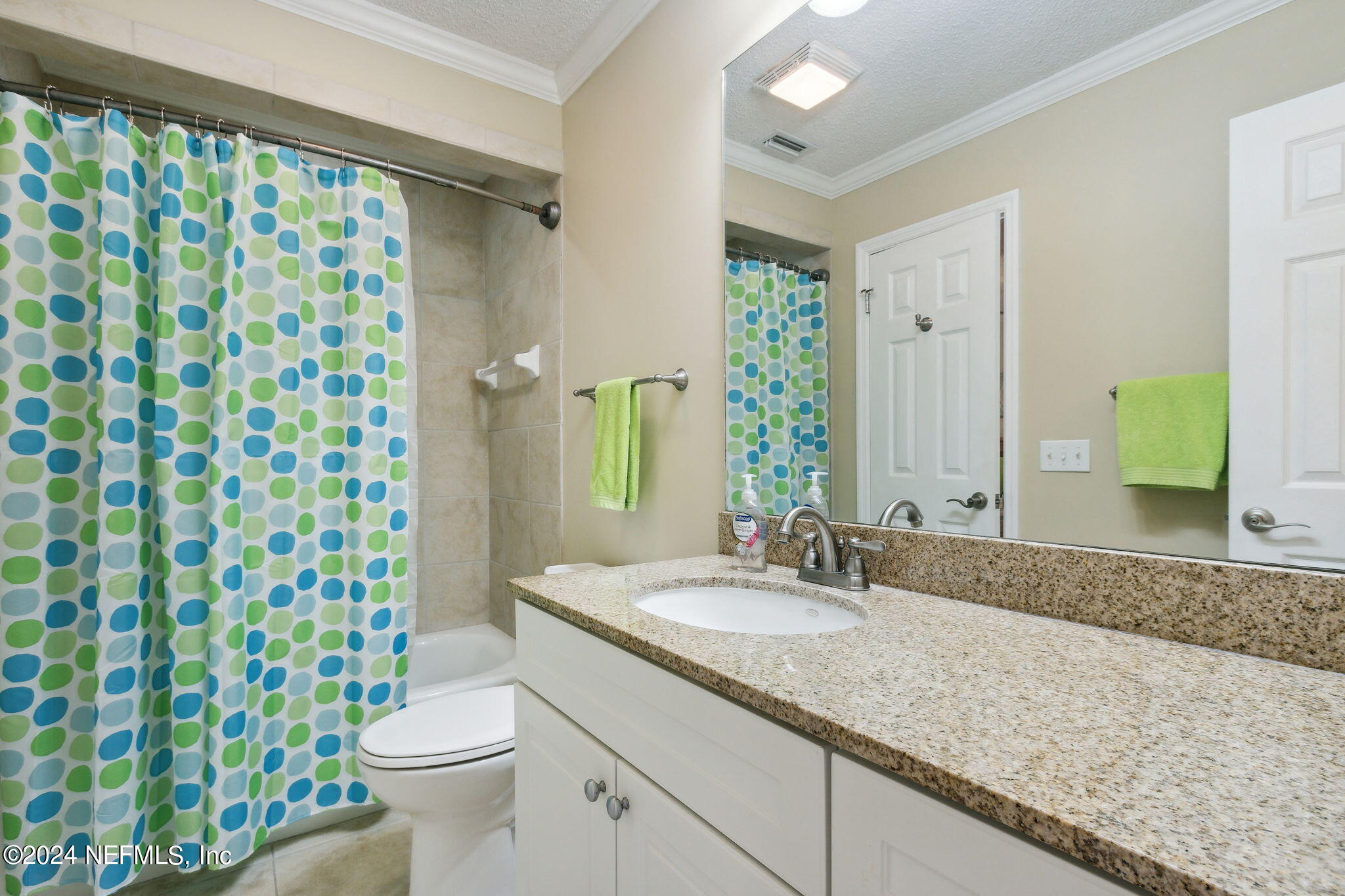 3327 Sea Marsh Road Fernandina Beach, FL 32034 - Photo 23 of 39 a bathroom with a granite countertop sink a toilet a mirror and shower curtain