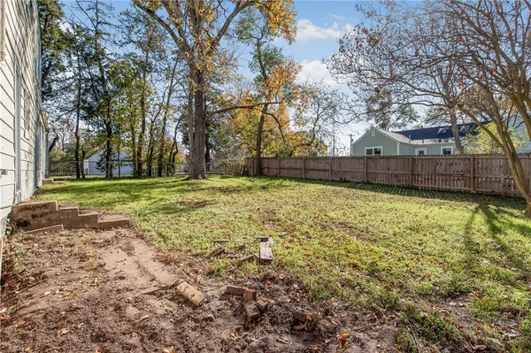 a view of a backyard with a large tree