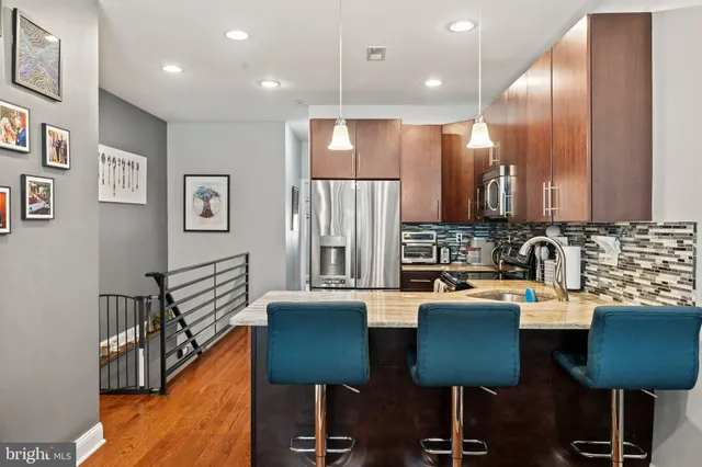 a view of a dining room with furniture