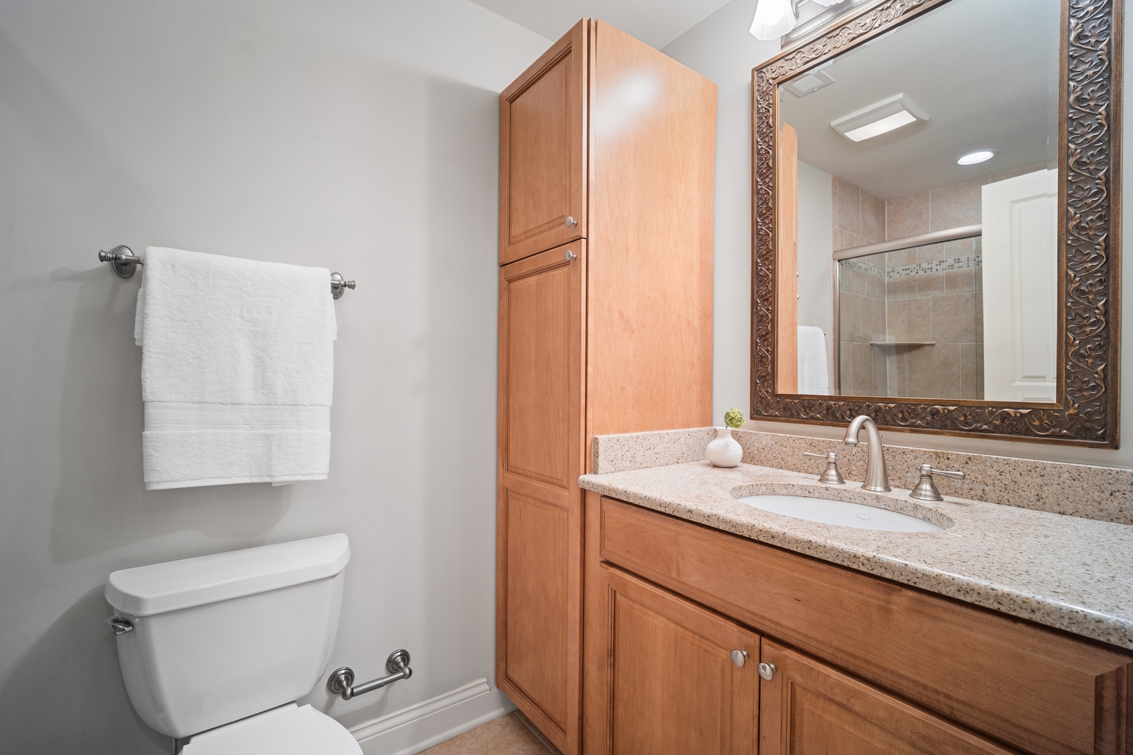 500 Deerfield Road Deerfield, IL 60015 - Photo 21 of 27 a bathroom with a granite countertop sink a toilet and a mirror