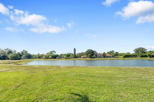 a view of a house with a big yard and palm trees
