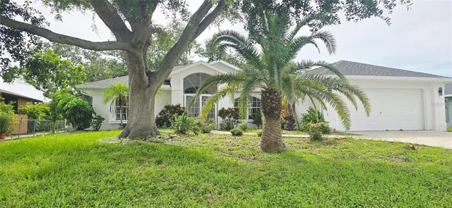 a view of a yard in front of a house with a large tree