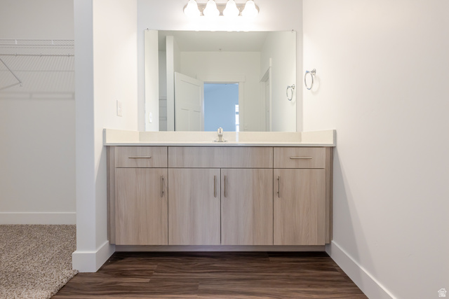 4662 Poplar Way, Unit Q303 Mapleton, UT 84664 - Photo 17 of 18 Bathroom with vanity, dark wood finished floors, and a spacious closet