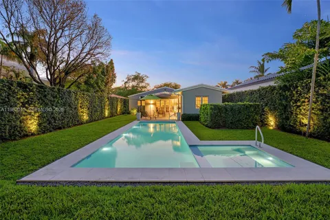 a view of yard with swimming pool and green space