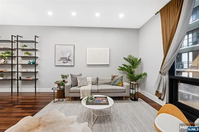 a living room with furniture and a potted plant