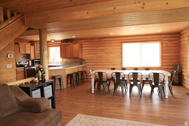 15253 Mill Road, Unit 62 Huntsville, UT 84317 - Photo 16 of 48 Open-concept living space featuring log walls, wood-finish flooring, and a dining area with a large table
