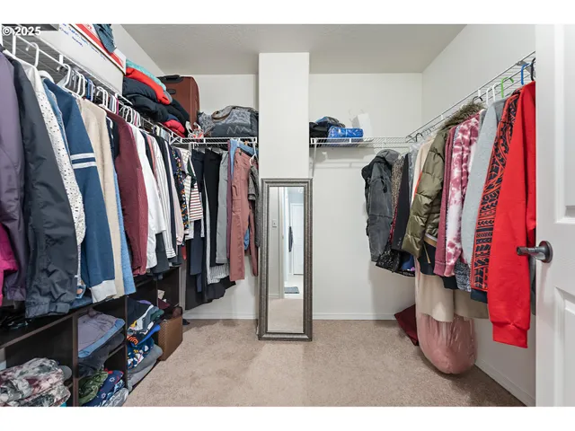 a bedroom with windows and closet