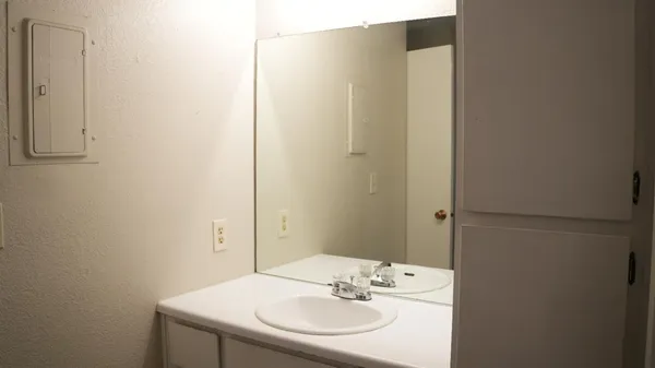 a bathroom with a sink and a mirror