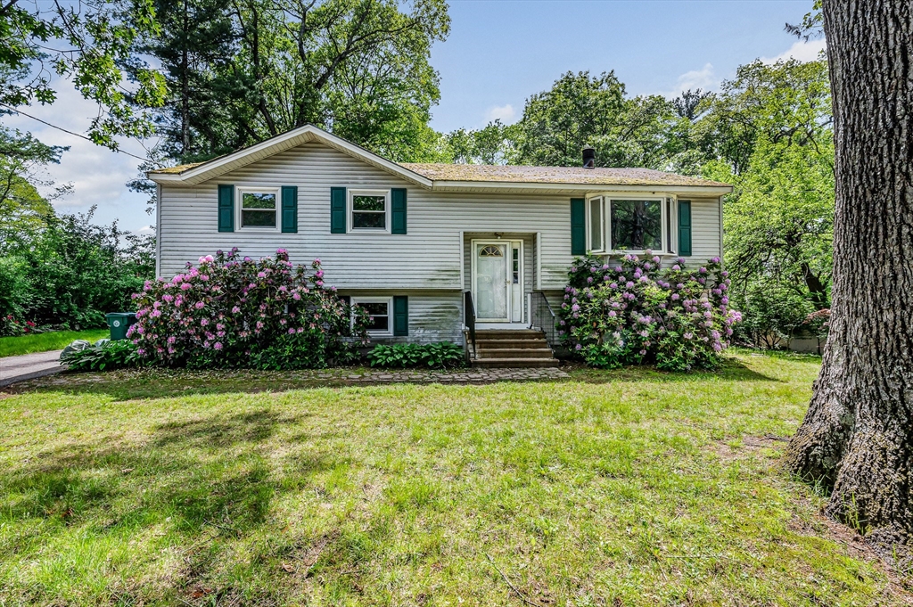 a front view of house with yard and trees in the background