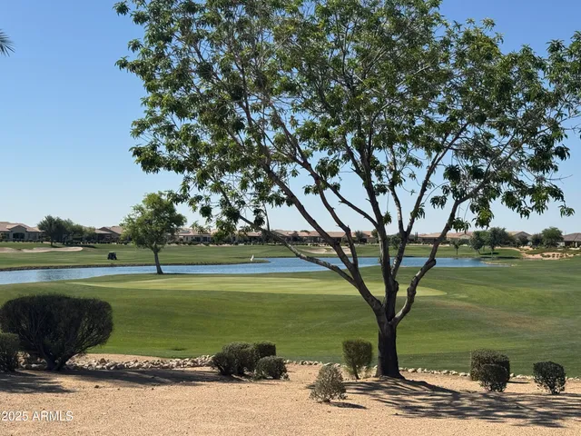 a view of a lake with a big yard and large trees