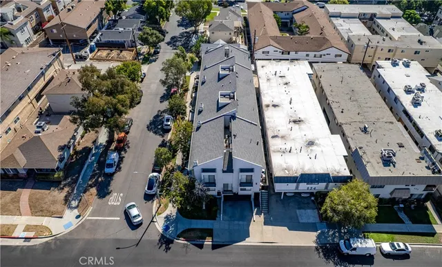 an aerial view of a building with outdoor space