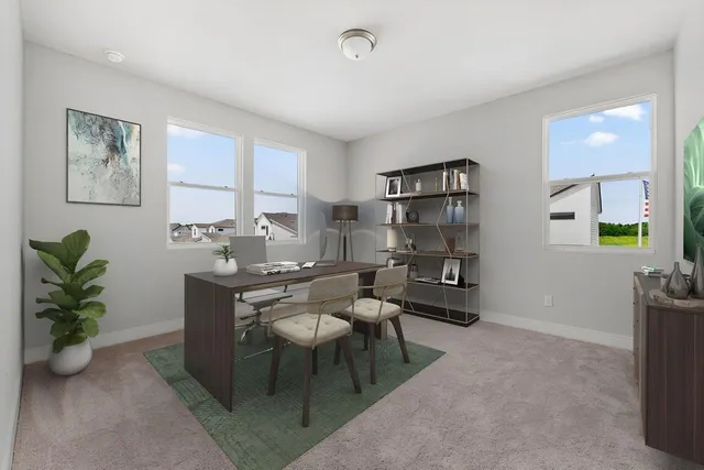 a workspace with furniture and window