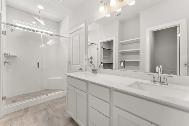 a bathroom with a shower sink double vanity and a mirror
