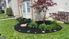 a view of a backyard with plants and a fountain
