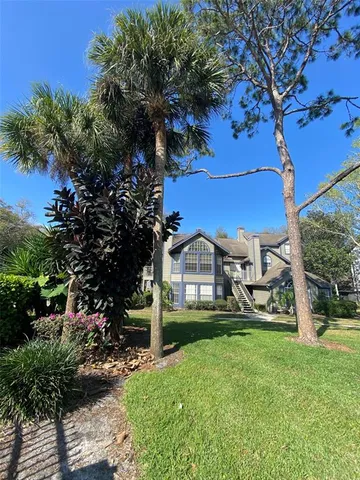 a view of a house with a big yard plants and large trees