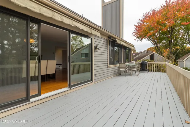 a porch with seating space