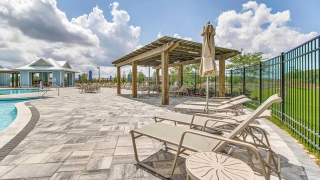 a view of a patio with a large tree