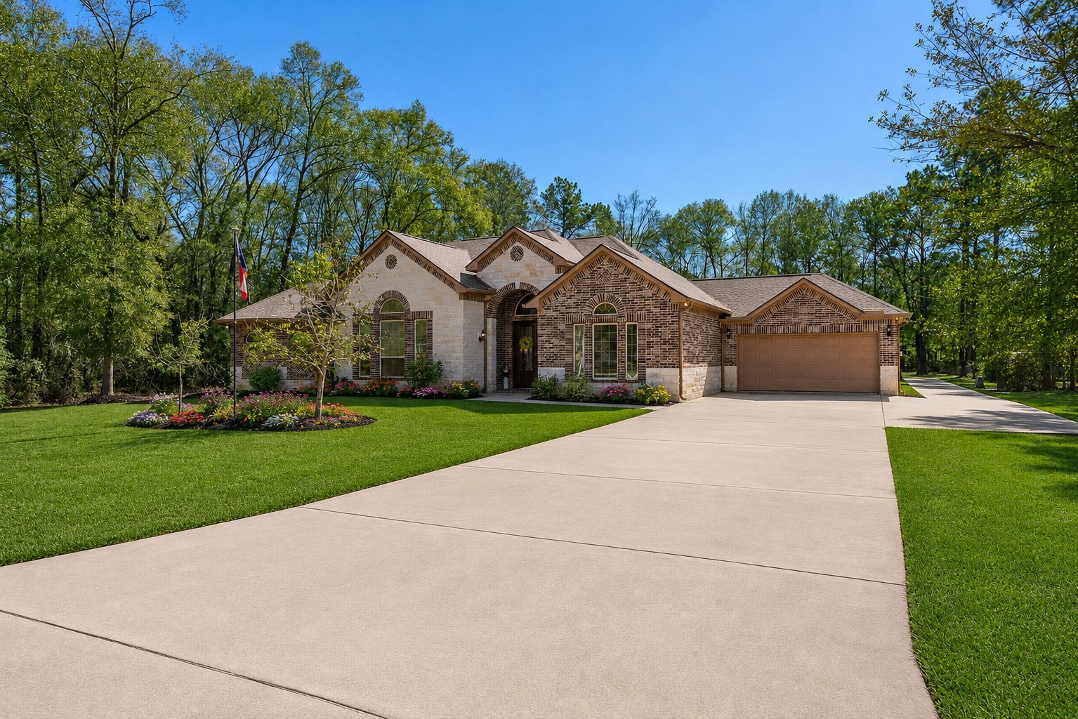 a front view of house with yard and green space